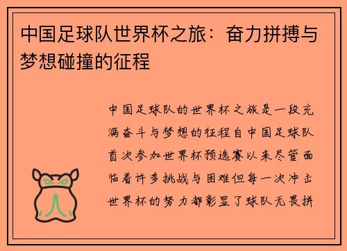 中国足球队世界杯之旅：奋力拼搏与梦想碰撞的征程
